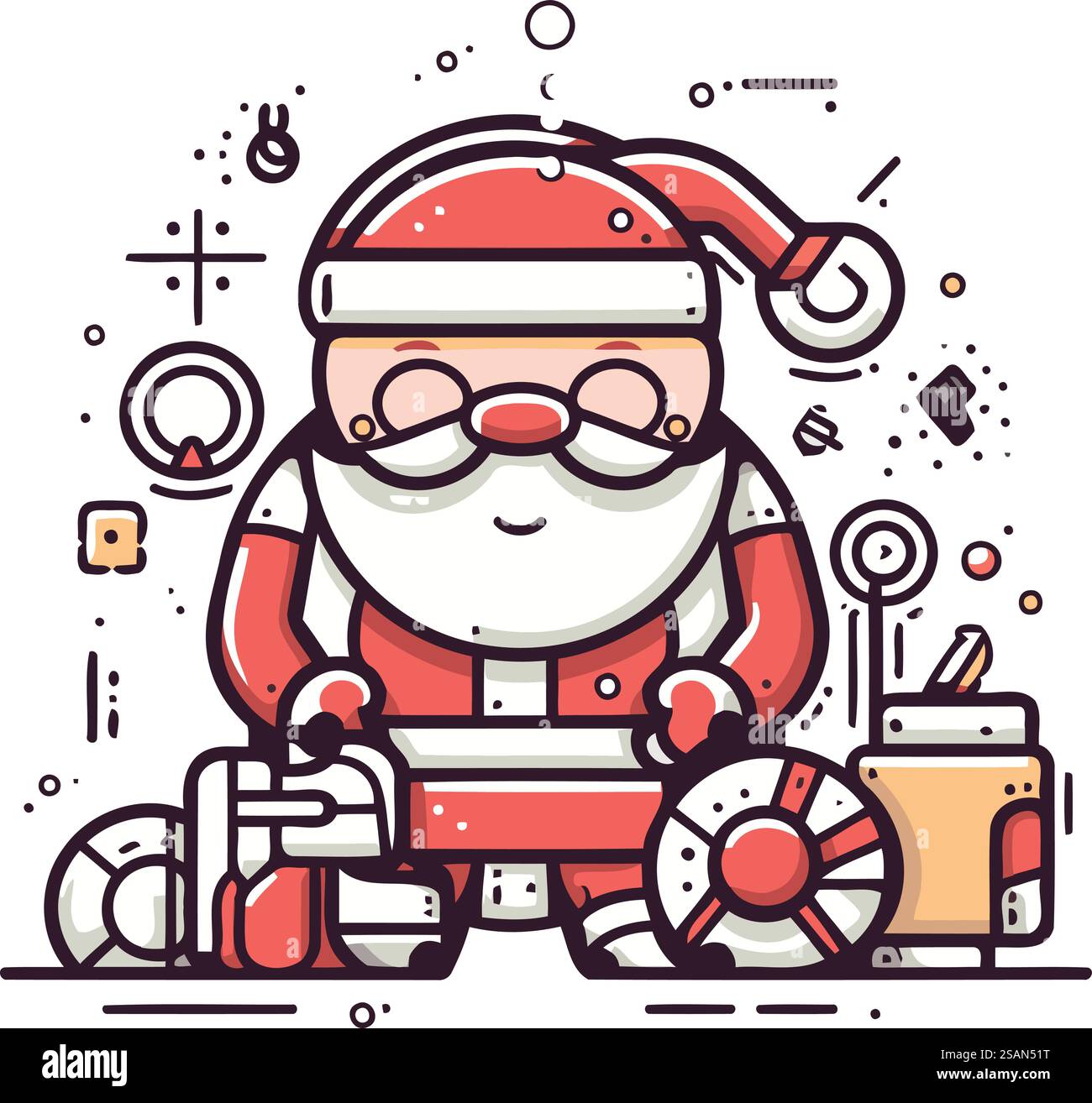 Santa Claus sitting with a bag of gifts. Vector line illustration Stock ...