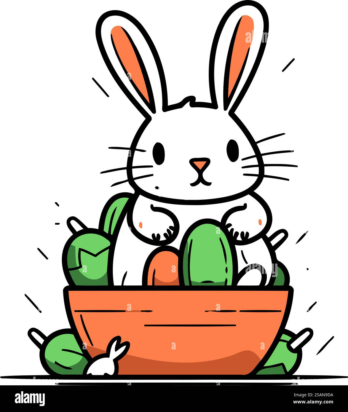 Cute cartoon bunny sitting in a basket with eggs. Vector illustration ...