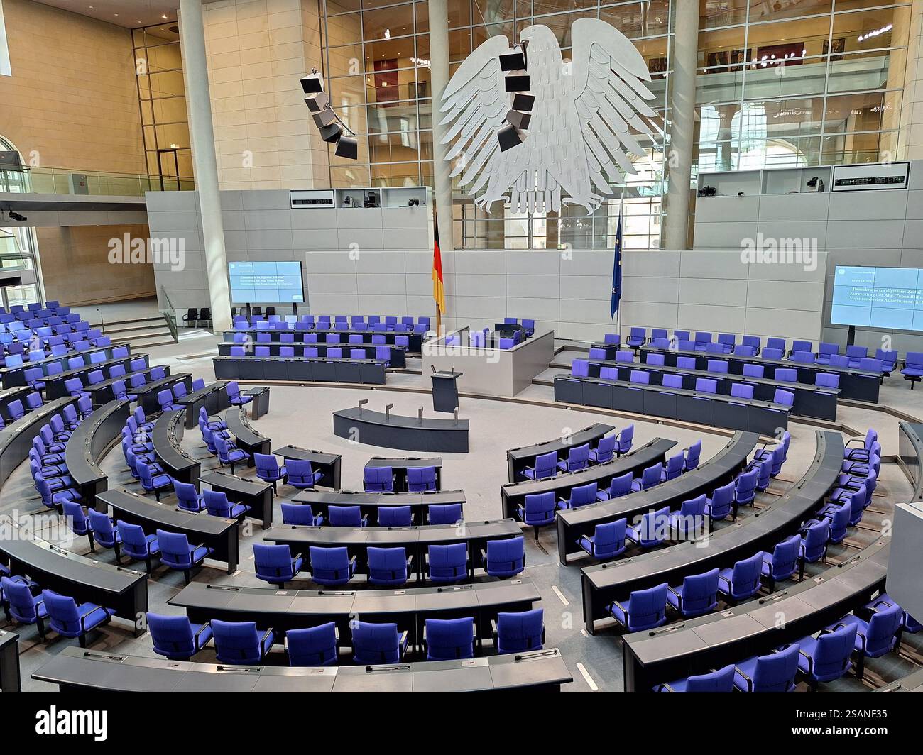 Interior of the historic plenary hall of Reichstag with the prominent ...