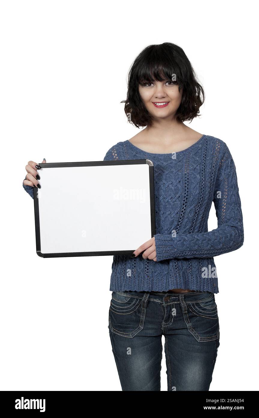Beautiful young woman holding up a blank sign Stock Photo - Alamy