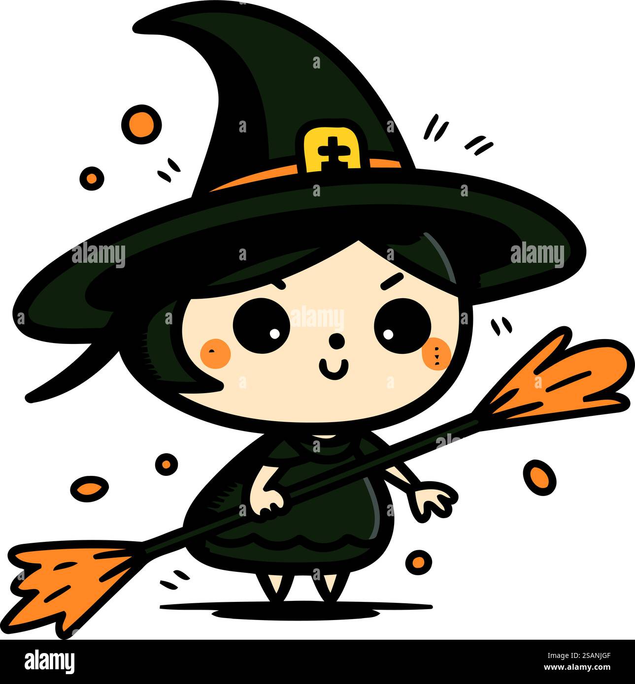 Cute little witch with a broom and hat. Vector illustration Stock ...