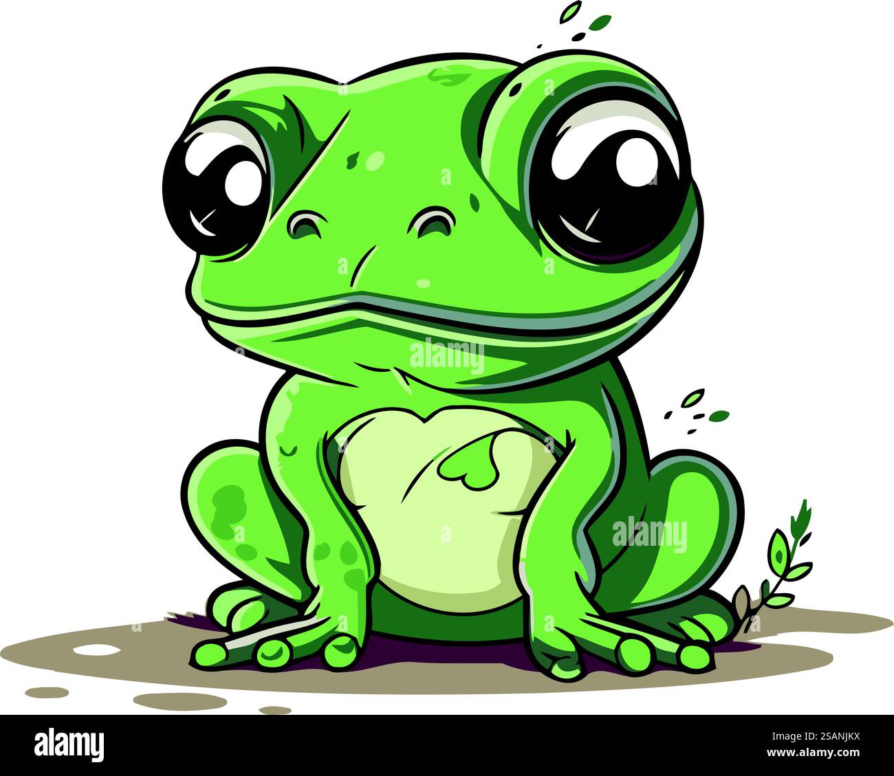 Cute cartoon green frog sitting on the ground. Vector illustration ...