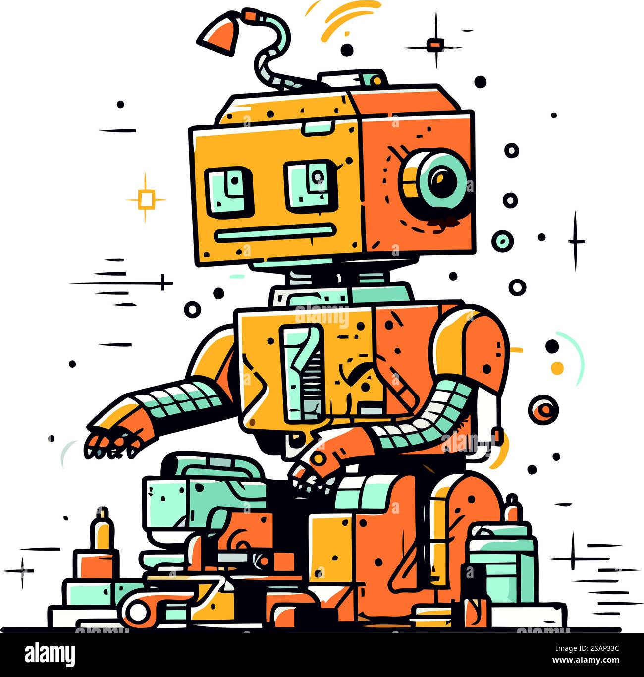 Vector illustration of robot in flat line style. Cute robot Stock ...