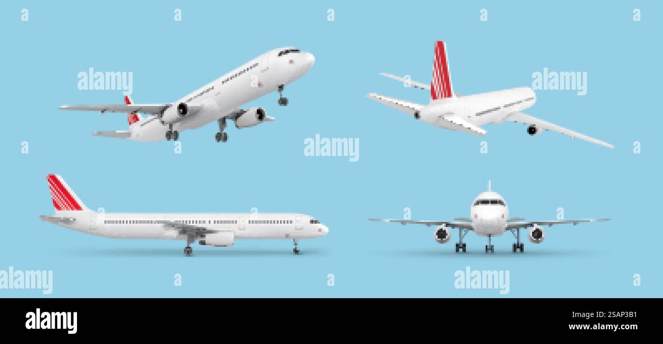 Realistic aircraft set. Passenger airplane in different views. 3D detailed passenger airplane isolated on blue background. Vector illustration Stock Vector