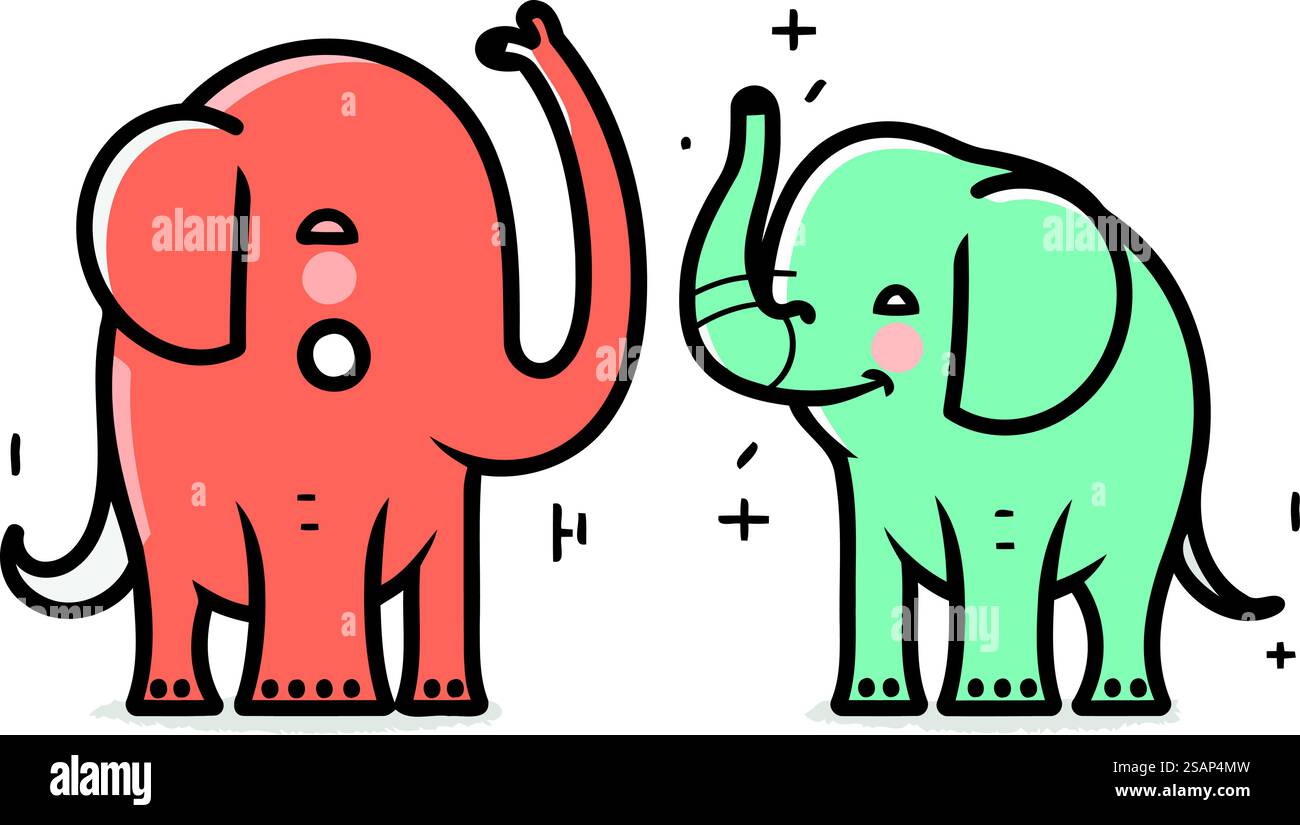 Cute elephant and elephant. Vector illustration in flat line style ...