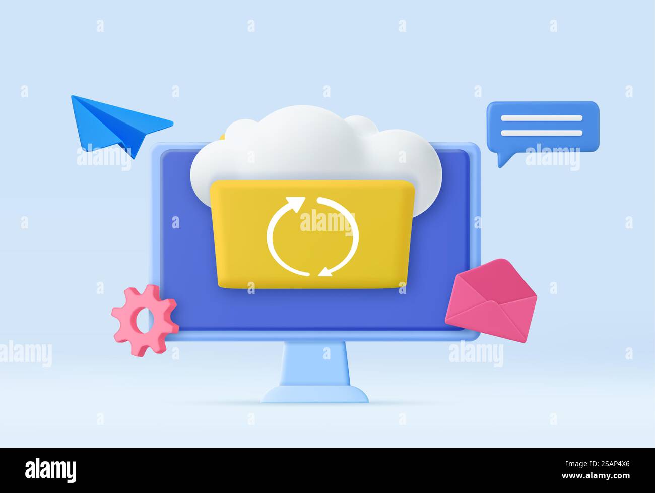 3d Cloud storage icon. Digital file organization service or app with data transfering. 3d rendering. Vector illustration. 3d Cloud storage icon. Stock Vector