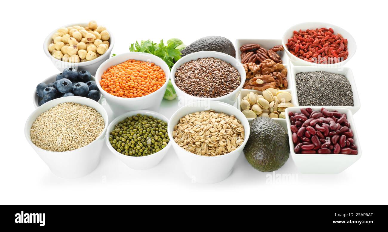 Superfood. Different healthy food products isolated on white Stock ...