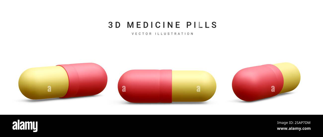 Set of 3d realistic capsule pills isolated on white background. Medicine and drugs. Vector illustration. Stock Vector