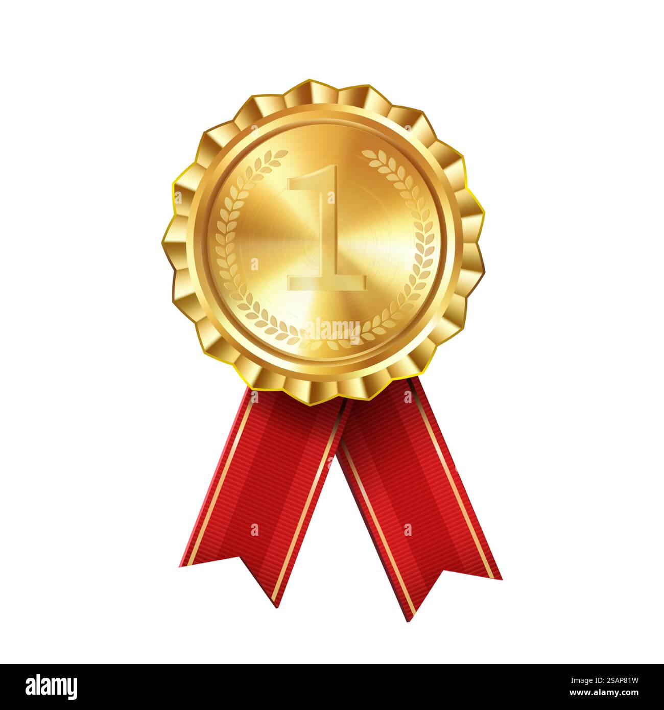 Realistic gold award medal with red ribbons engraved number one ...