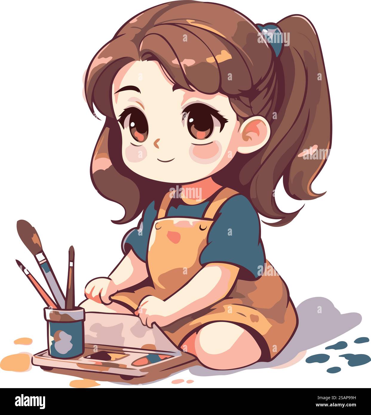 Cute little girl painting with brush and palette. Vector illustration ...