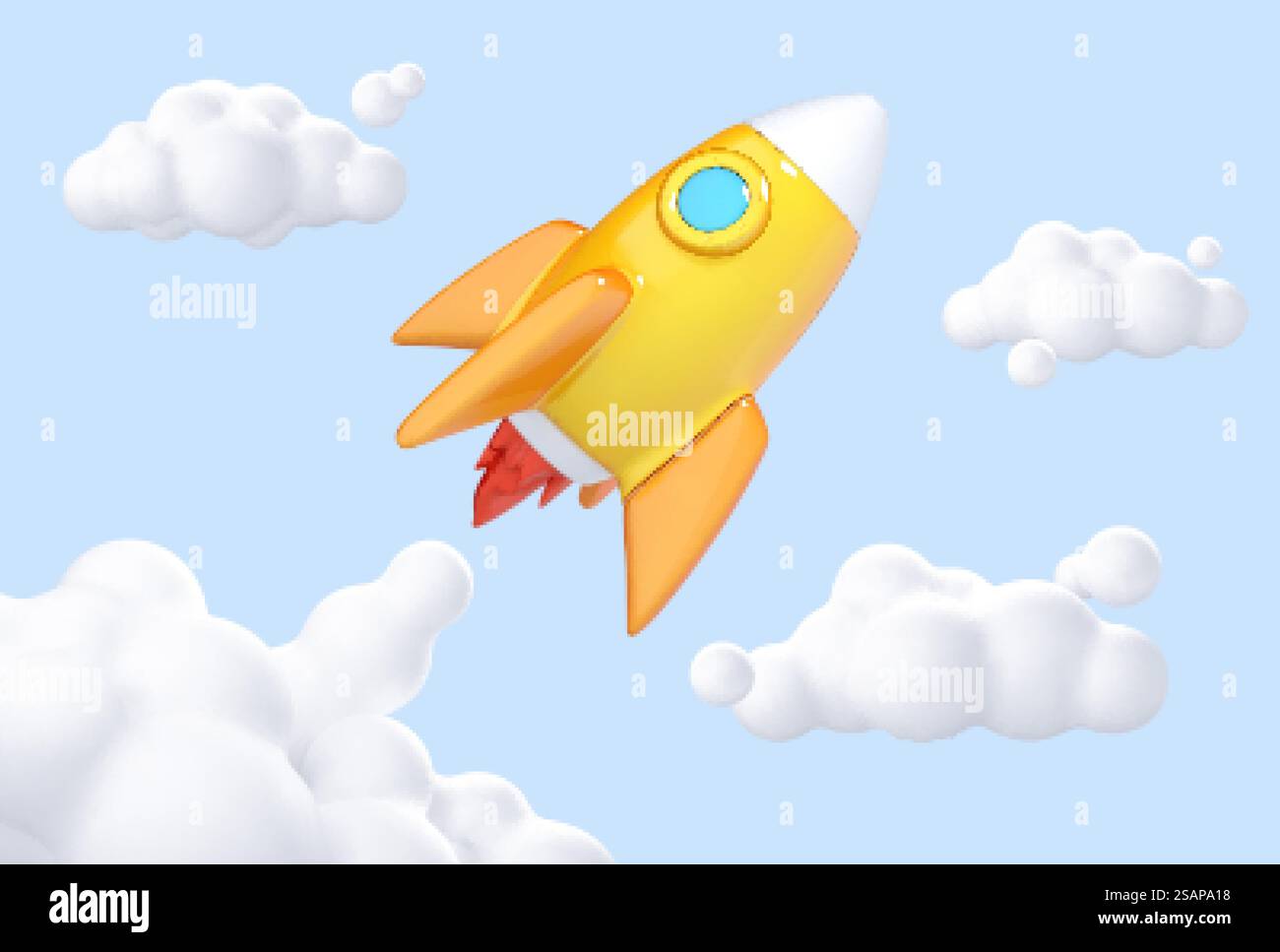 3D rocket taking off. Clouds and smoke from a rocket taking off. Business startup concept. Vector 3d illustration Stock Vector