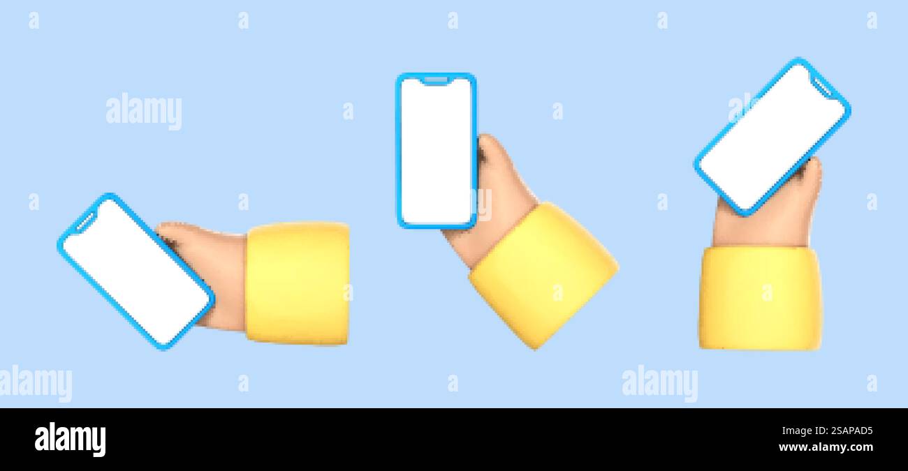 3D cartoon hand hold smartphone with blank screen isolated on blue ...