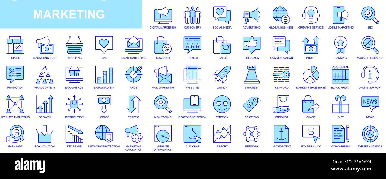 Marketing web icons set in blue line design. Pack of social media ...