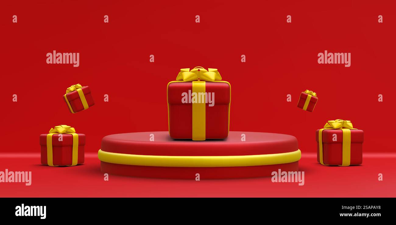 3d realistic red round podium with gold circle on light background ...