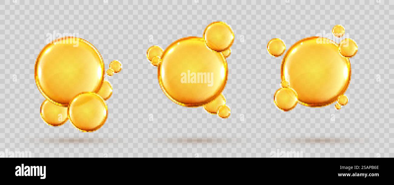 Set of golden drops of Omega three, six and nine. Polyunsaturated fatty acids Omega-3, Omega-6, Omega-9. Natural fish oil, organic vitamin, nutrients. Omega fatty acids. Vector realistic capsules Stock Vector