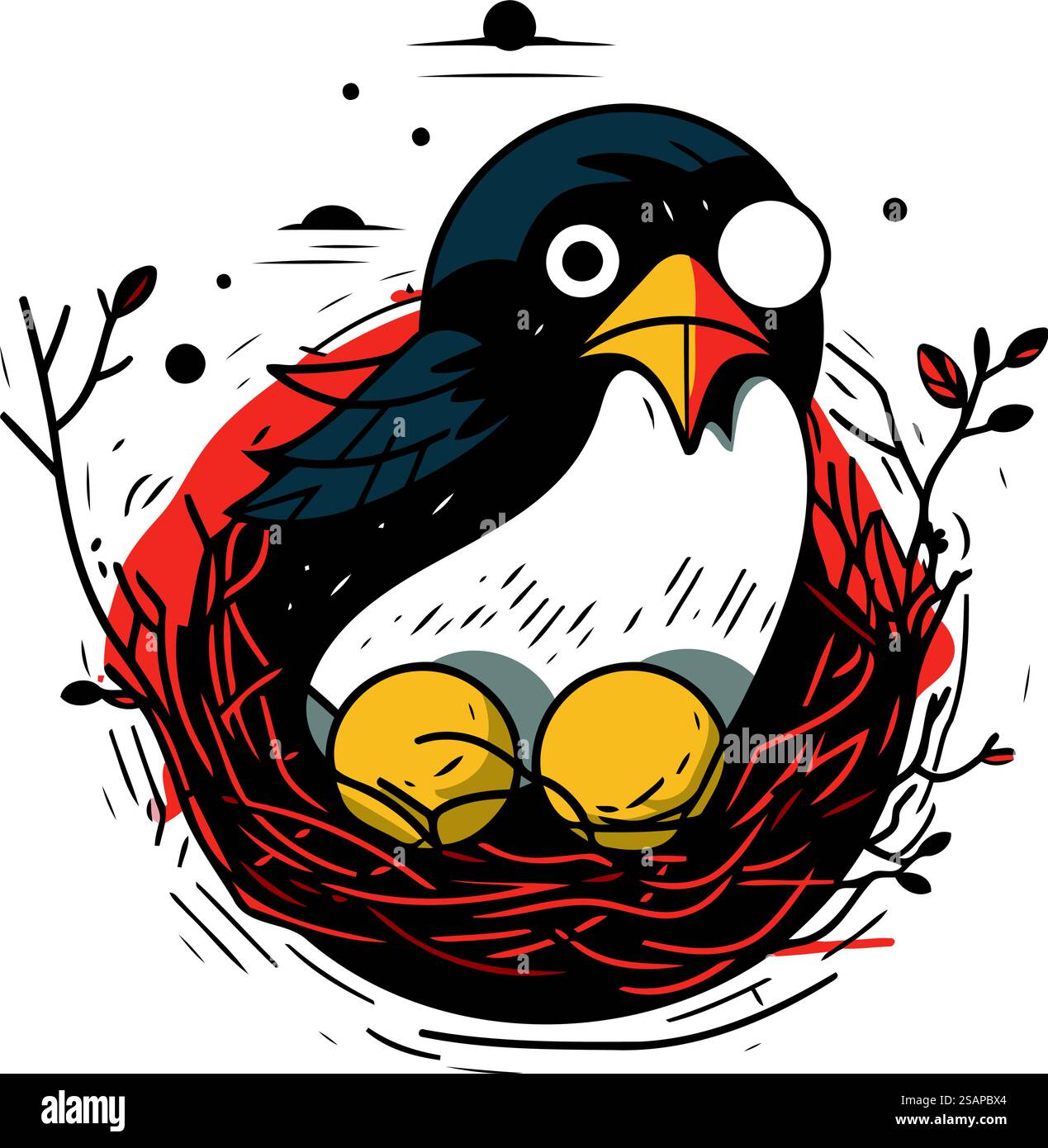 Cute bird sitting in a nest with eggs. Vector illustration Stock Vector ...