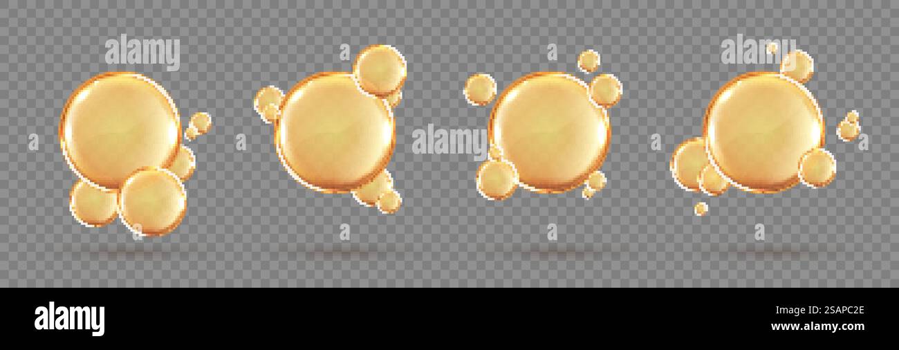 Set of golden drops of Omega three, six and nine. Polyunsaturated fatty acids Omega-3, Omega-6, Omega-9. Natural fish oil, organic vitamin, nutrients. Omega fatty acids. Vector realistic capsules Stock Vector