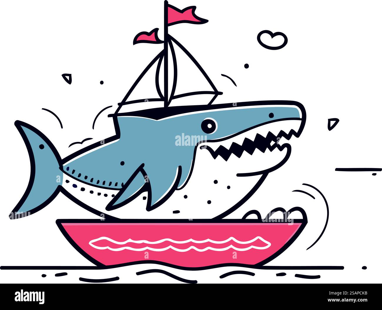 Sloop Shark Cute cartoon shark with a sailboat in the sea. Vector illustration ...