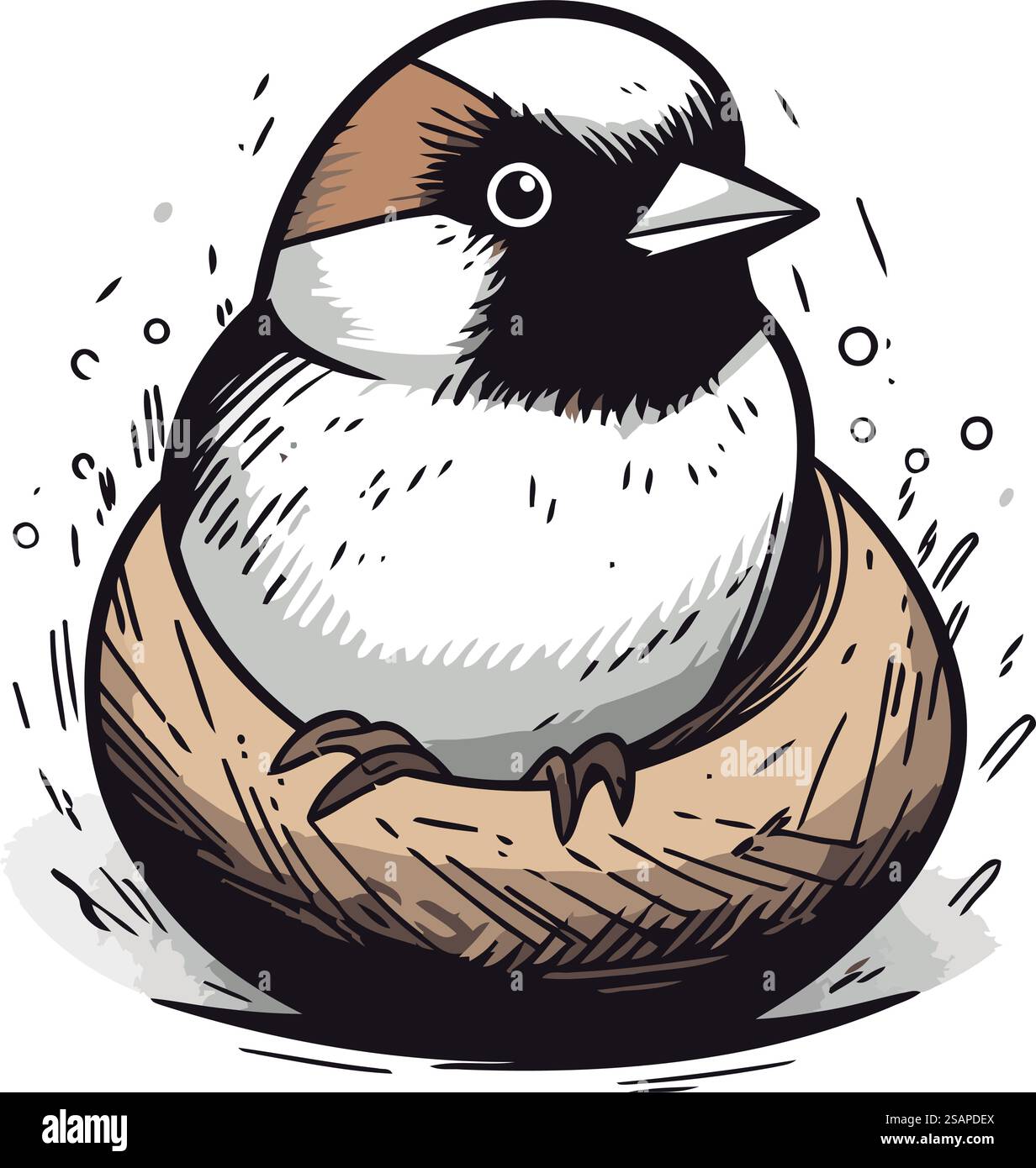 Hand drawn vector illustration of a cute little bird sitting in a nest ...