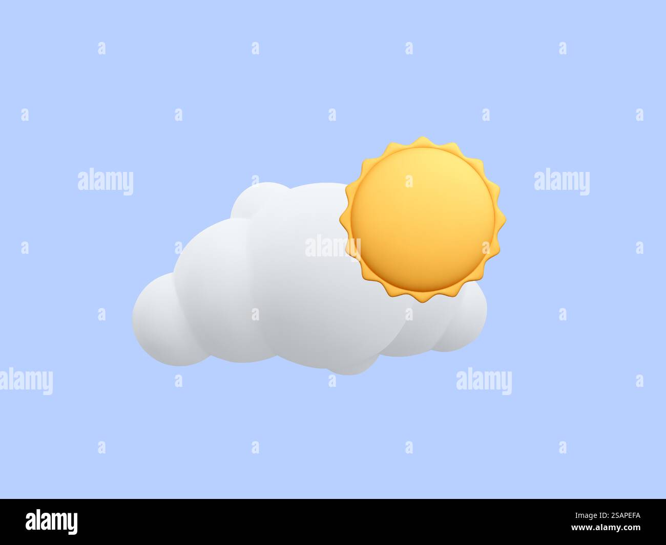 3d realistic cloud with sun in cartoon style isolated on blue background. Weather forecast icon. Vector illustration. Stock Vector