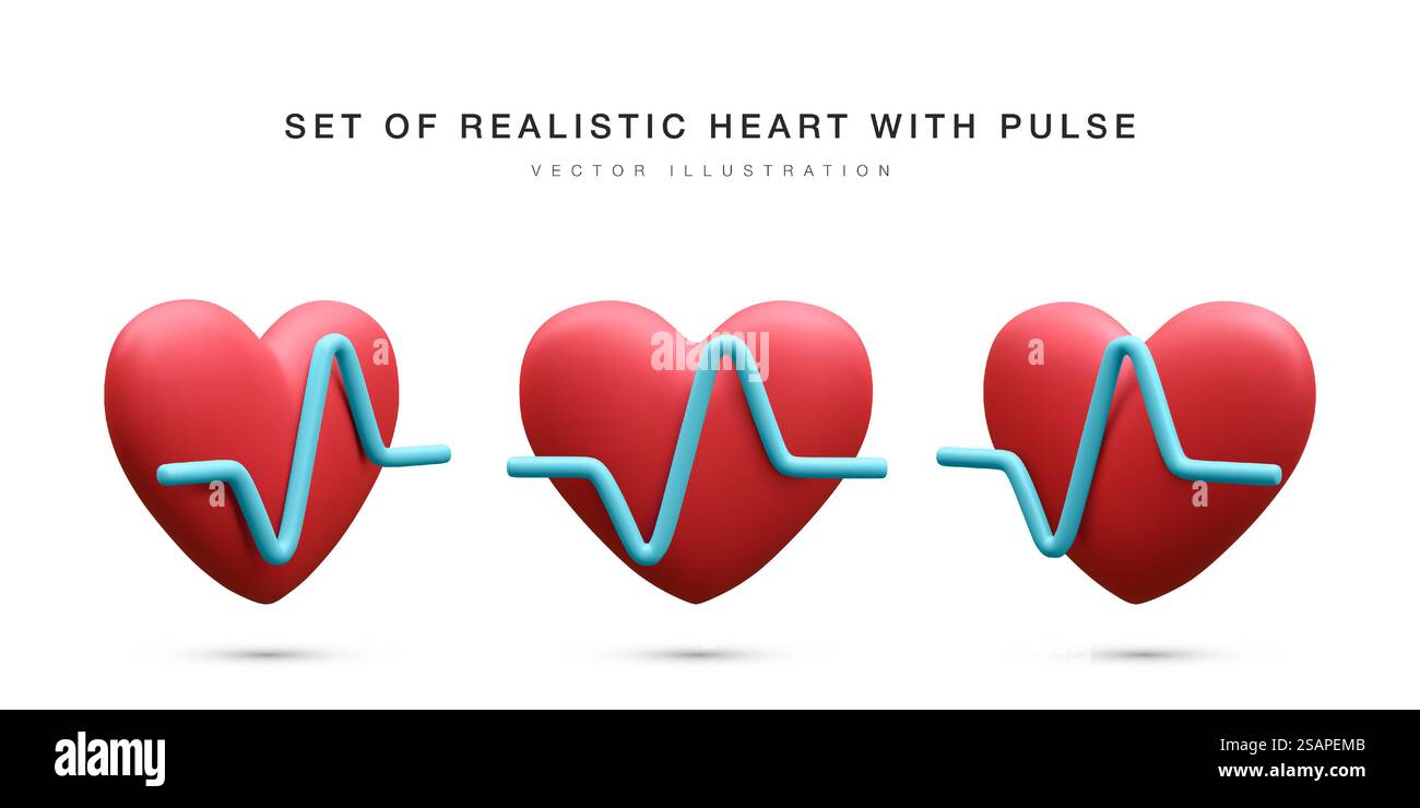 Set of 3d realistic red heart with blue pulse for medical apps and ...