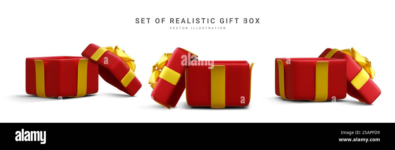 Set of 3d realistic red gift boxes with gold ribbon isolated on white ...