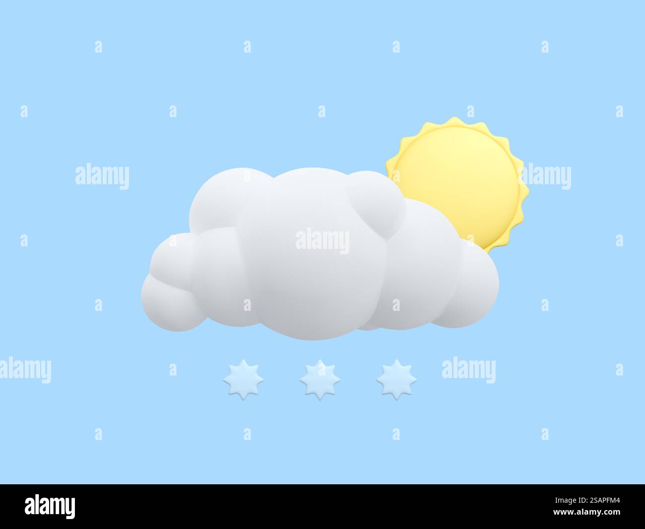 3d realistic cloud and sun with snowflakes in cartoon style isolated on blue background. Weather forecast icon. Vector illustration. Stock Vector