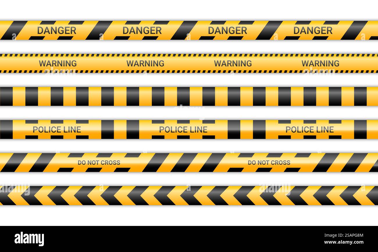 Police lines and don’t cross ribbons. Caution and danger tapes in ...