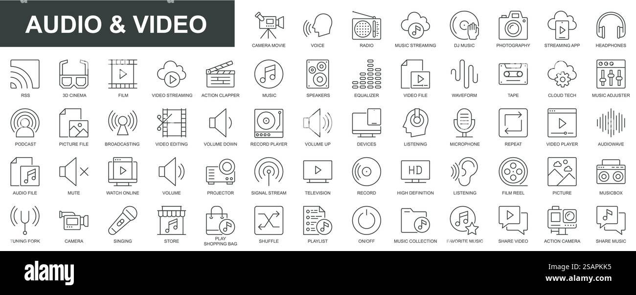 Audio and video web icons set in thin line design. Pack of camera movie, voice, radio, music streaming, photography, headphones, cinema, podcast, broadcasting, other. Vector outline stroke pictograms Stock Vector