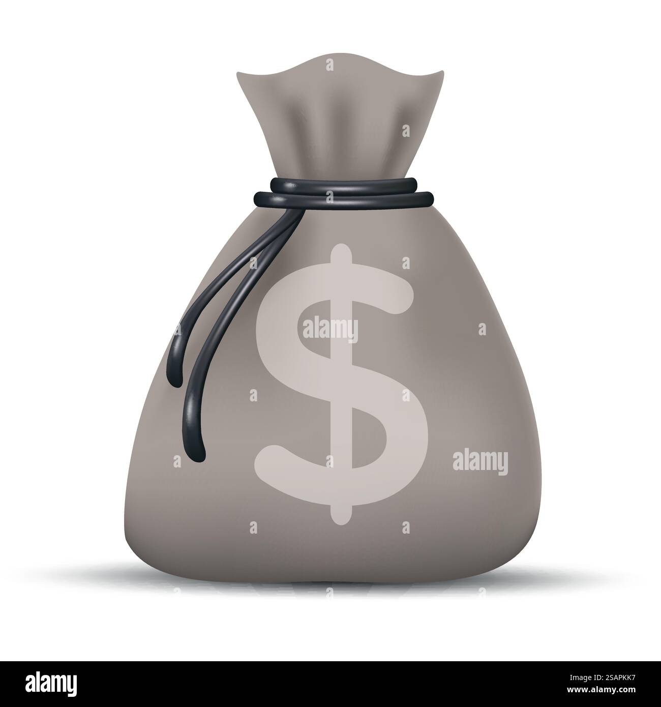 Full sack of cash money corded with rope and heaps of gold coins. Banking concept realistic icon of moneybag with dollar currency sign. Isolated on white transparent background. Vector illustration. Stock Vector