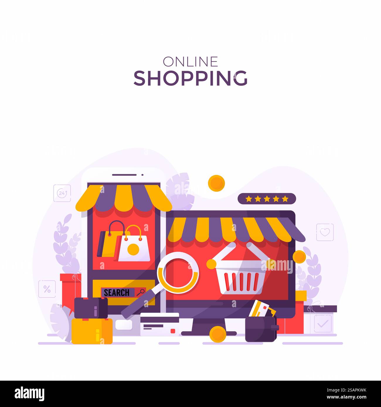 Mobile phone represent of front of shop store.Shopping Online on Website or Mobile Application Vector Concept Marketing and Digital marketing, Long Background Stock Vector