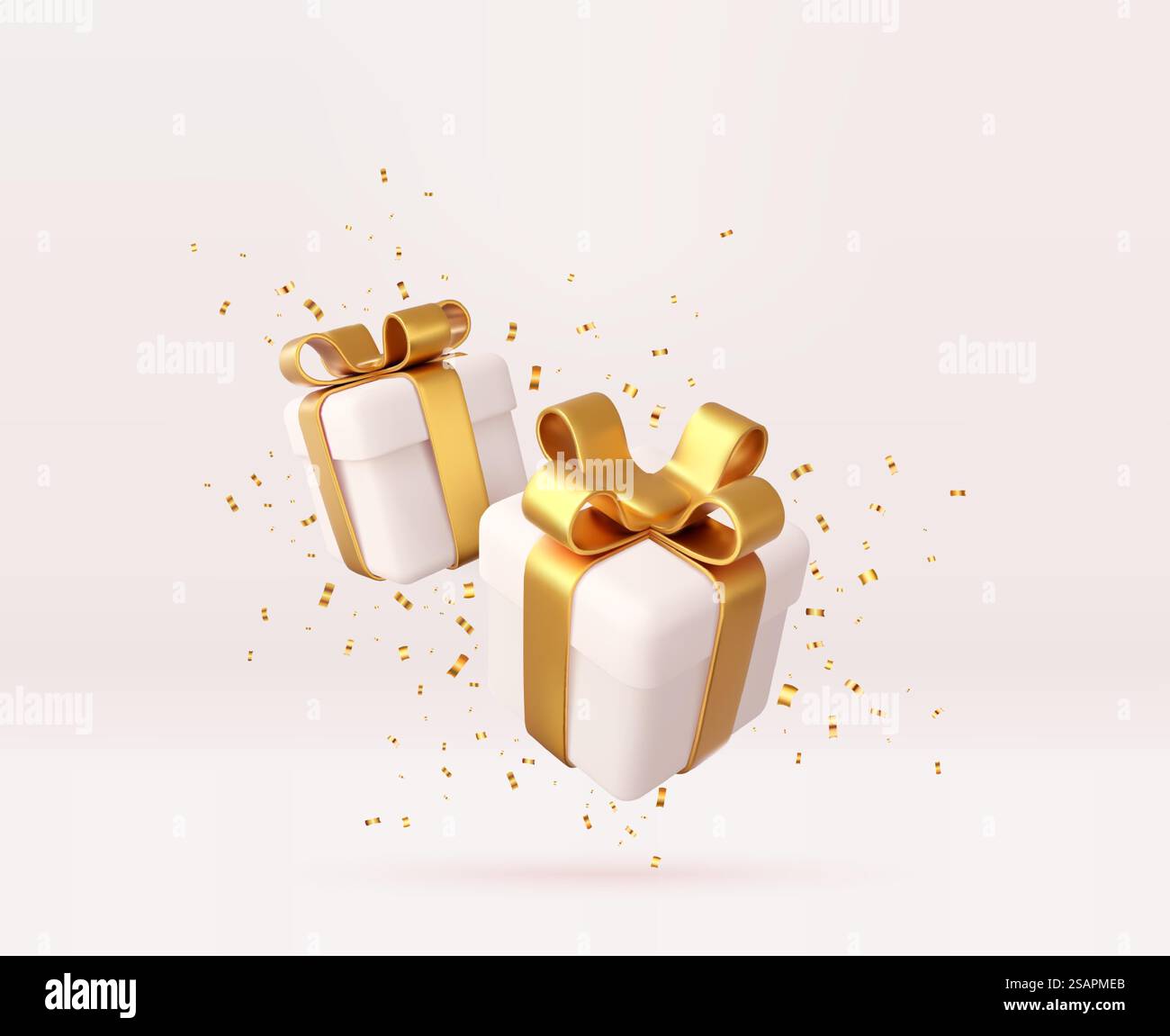 3d white gift boxes with golden ribbon and bow and sequins confetti ...