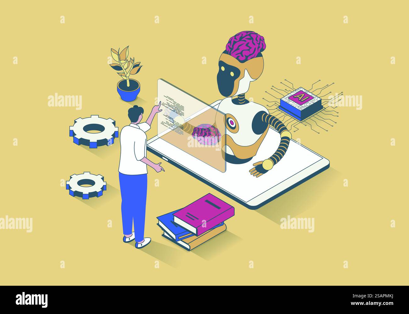 Artificial intelligence concept in 3d isometric design. Man working ...