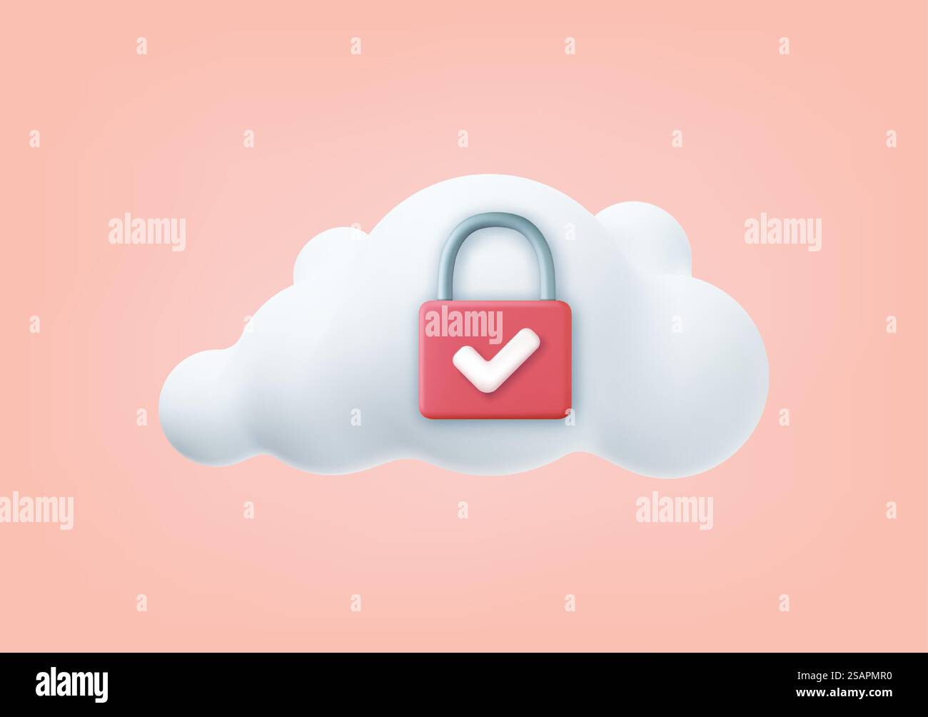 3d White fluffy cloud and locked padlock. Security concept. 3D rendering. Password protected icon for mobile applications and website concept. Vector illustration. White fluffy cloud and locked padlock Stock Vector