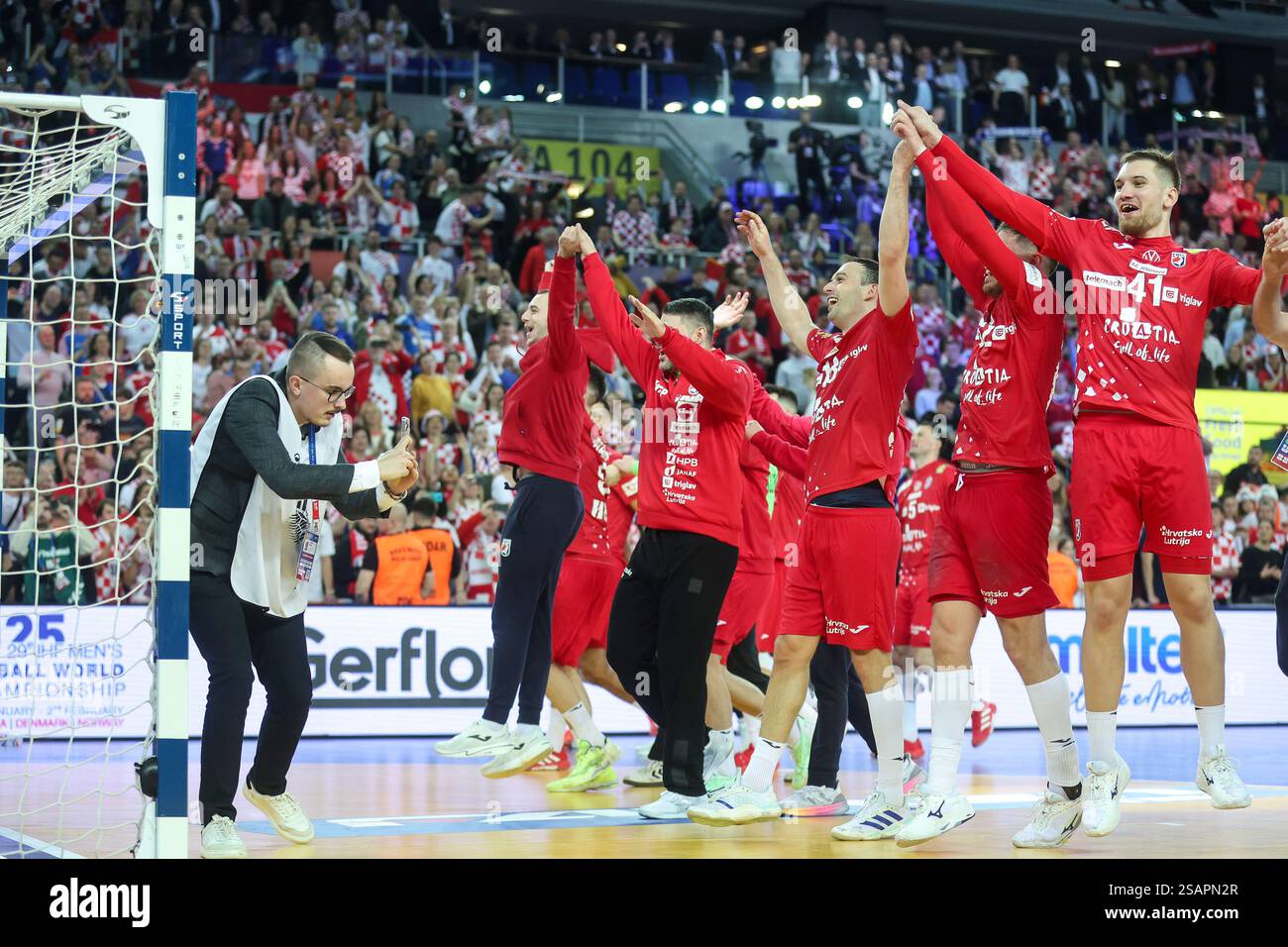 Players of Croatia celebrtaes after the 2025 IHF Men's Handball World