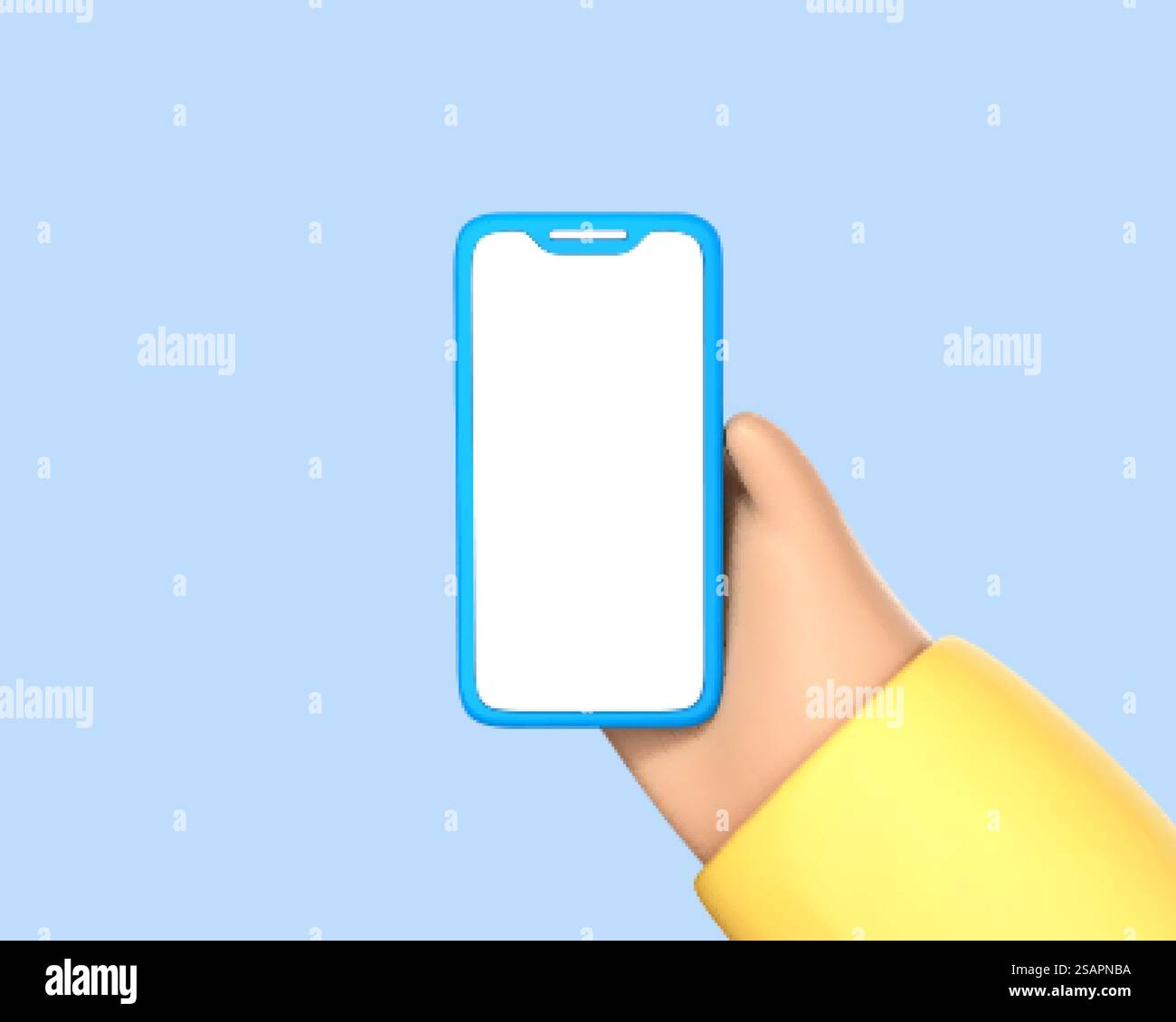 3D cartoon hand hold smartphone with blank screen isolated on blue ...