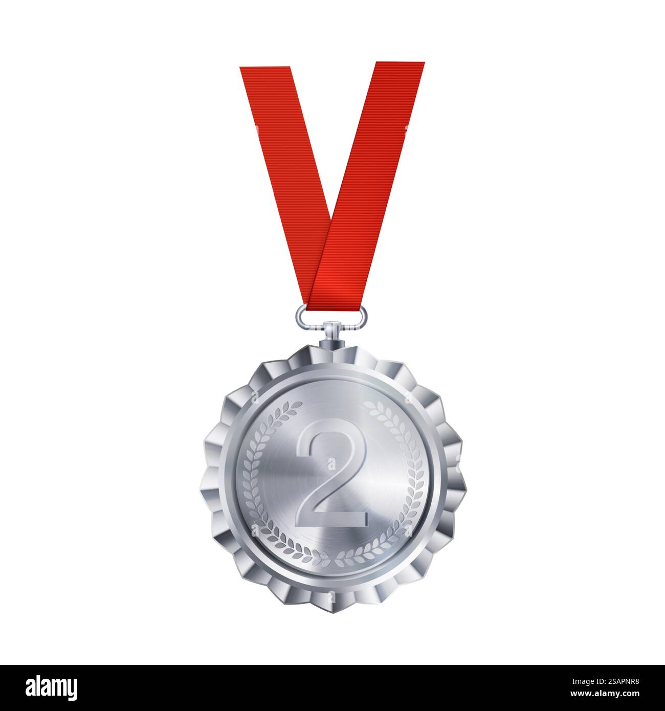 Number 2 Silver Ribbon Realistic silver medal on red ribbon with engraved number two . Sports ...