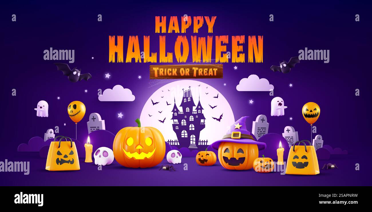 Halloween Promotion Poster or banner template.Halloween night seen with big Moon, Pumpkin ghost,Wizard Hat,cute ghost,cartoon skull and halloween elements. Website spooky or banner template Stock Vector