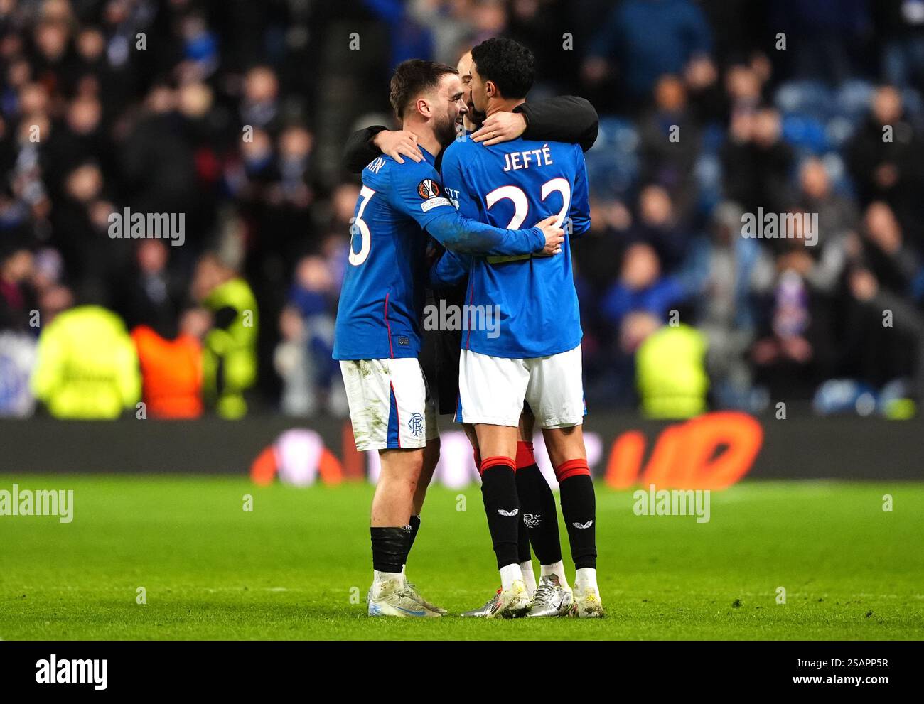 Rangers players celebrate after the final whistle in the UEFA Champions