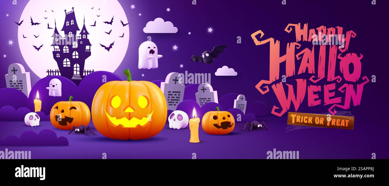 Halloween Promotion Poster or banner template.Halloween night seen with big Moon, Pumpkin ghost,cute ghost,cartoon skull and halloween elements. Website spooky or banner template.Vector illustration Stock Vector