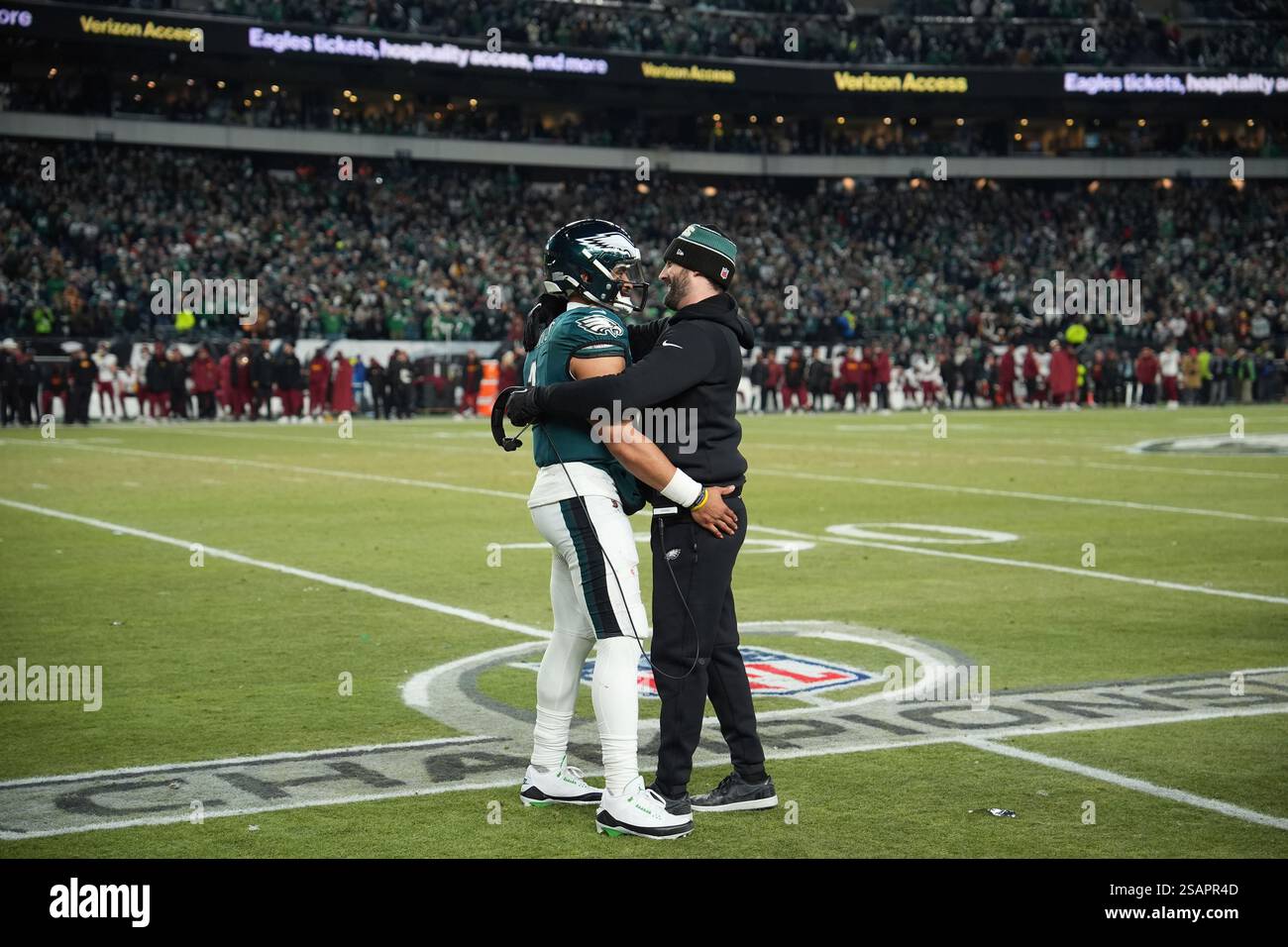 Philadelphia Eagles' Jalen Hurts and Nick Sirianni react during the NFC ...