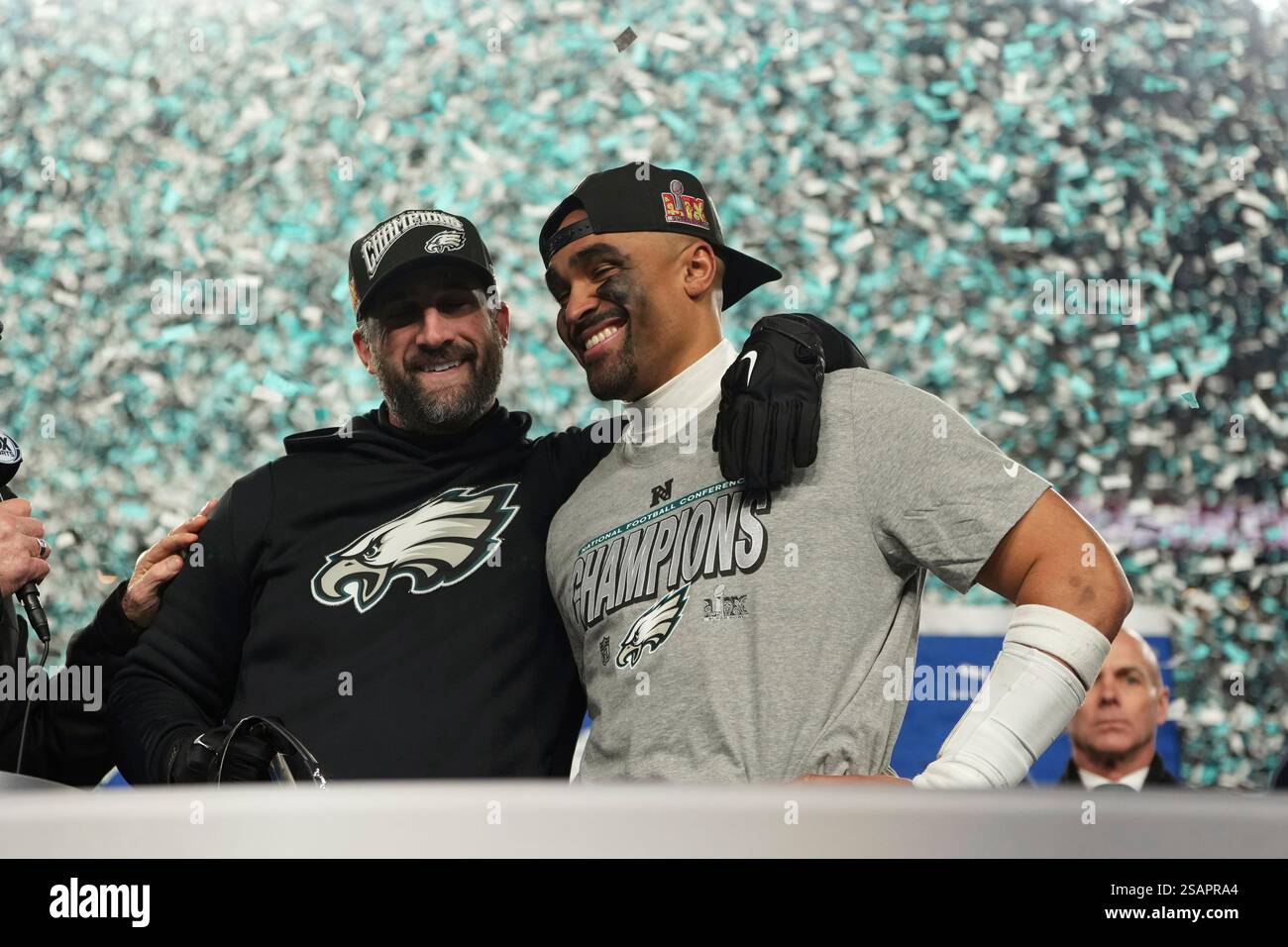 Philadelphia Eagles' Jalen Hurts and Nick Sirianni react after the NFC ...