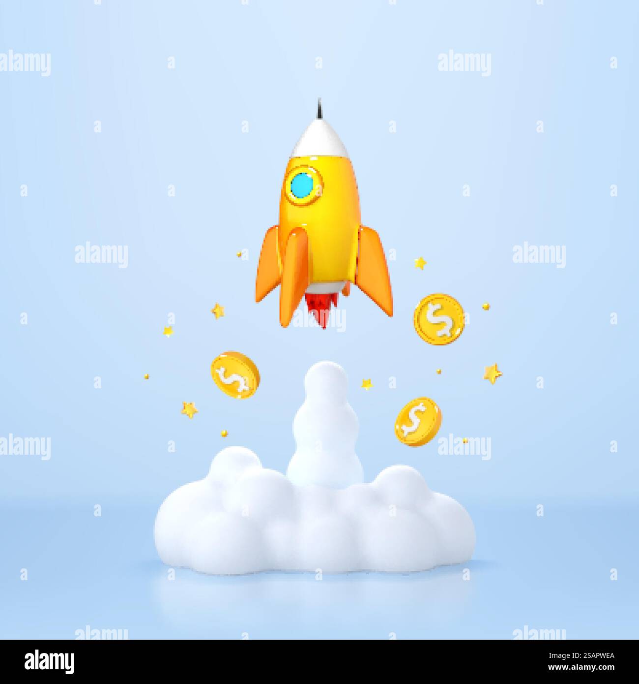 Rocket launching with smoke and dollar flying coins. Business start-up ...