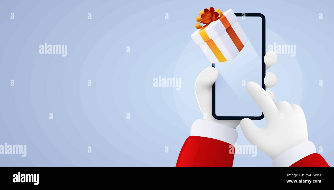 Santa Claus hands holding smartphone with present box. Christmas gift ...