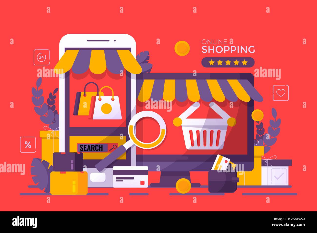 Mobile phone represent of front of shop store.Shopping Online on Website or Mobile Application Vector Concept Marketing and Digital marketing, Long Background Stock Vector