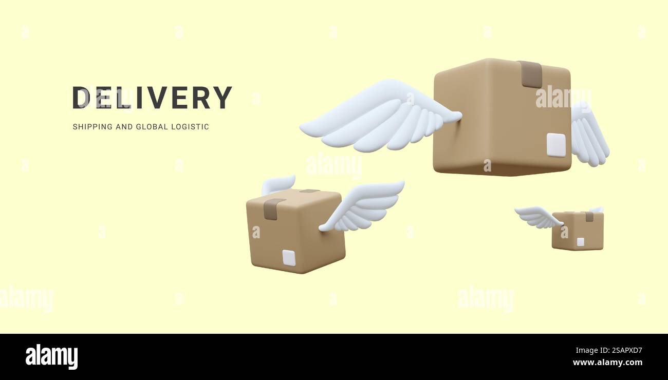 3d realistic flying cardboard boxes with wings. Parcel fast delivery ...