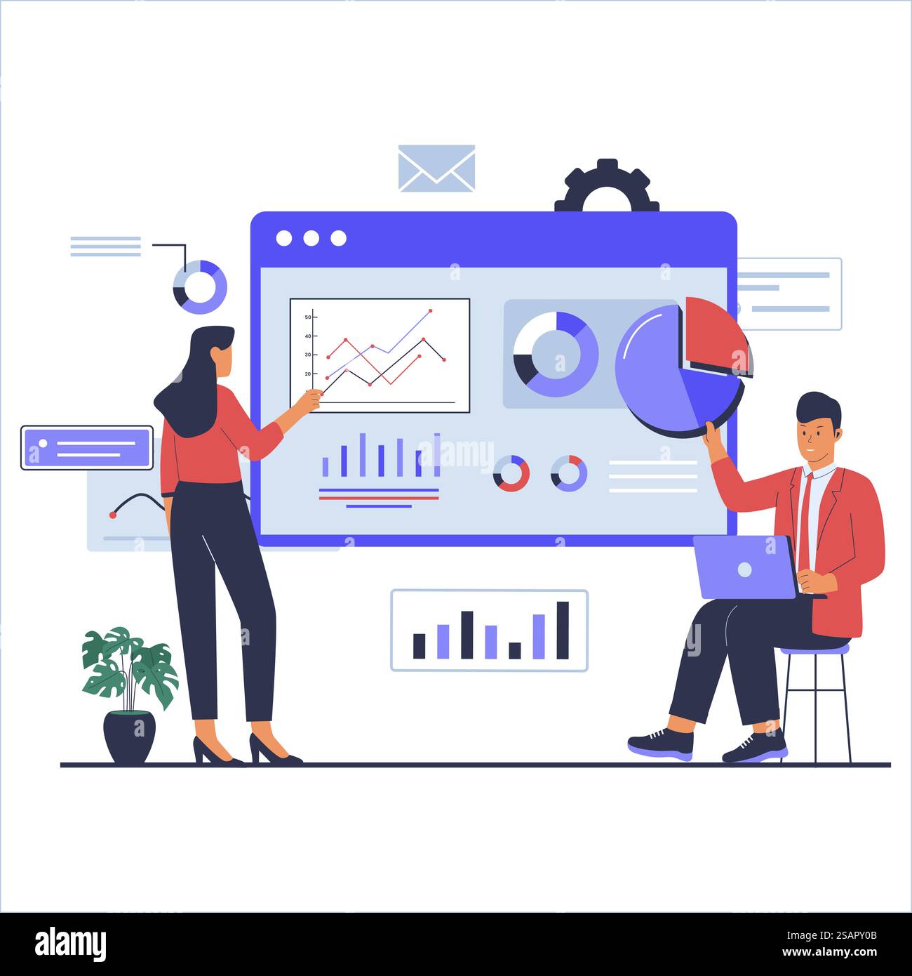 Business team analytics concept illustration. Data analysis and statistics. Vector flat illustration Stock Vector