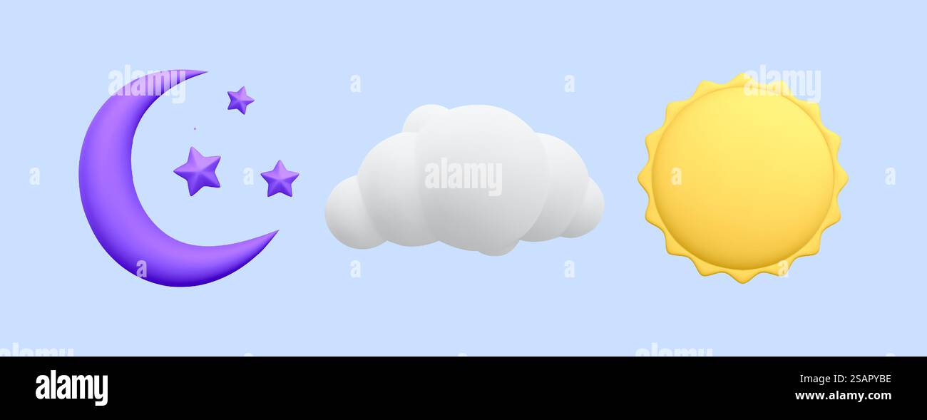 3d realistic weather icons set isolated on blue background. Violet crescent moon with stars, cloud and yellow sun in cartoon stile. Vector illustration. Stock Vector