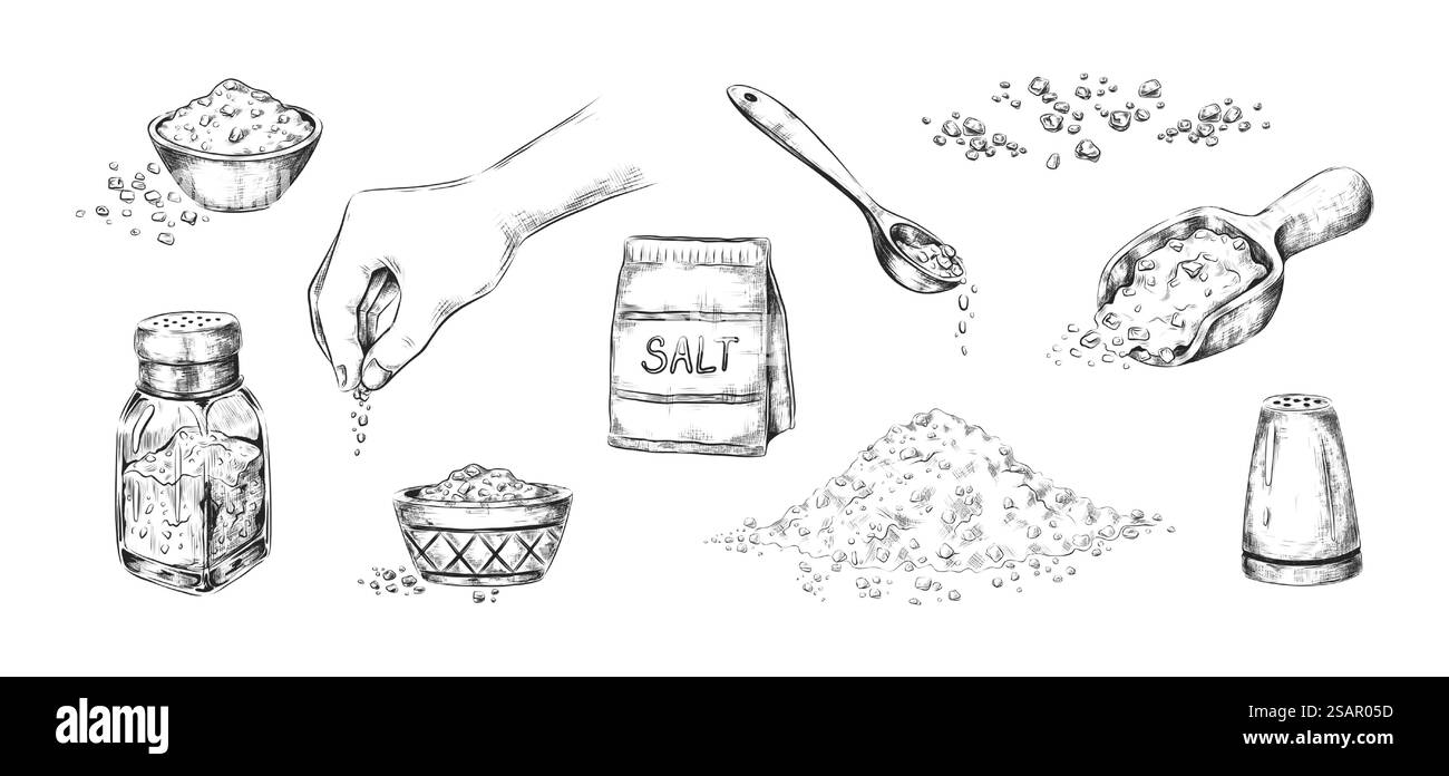 Hand drawn salt. Realistic saltcellar or bowl with salty flavor seasoning. Heaps of powder and scoops with sodium crystals. Tradition ingredient for cooking and conservation food. Vector sketches set. Hand drawn salt. Realistic saltcellar or bowl with salty seasoning. Heaps of powder and scoops with sodium crystals. Ingredient for cooking and conservation food. Vector sketches set Stock Vector