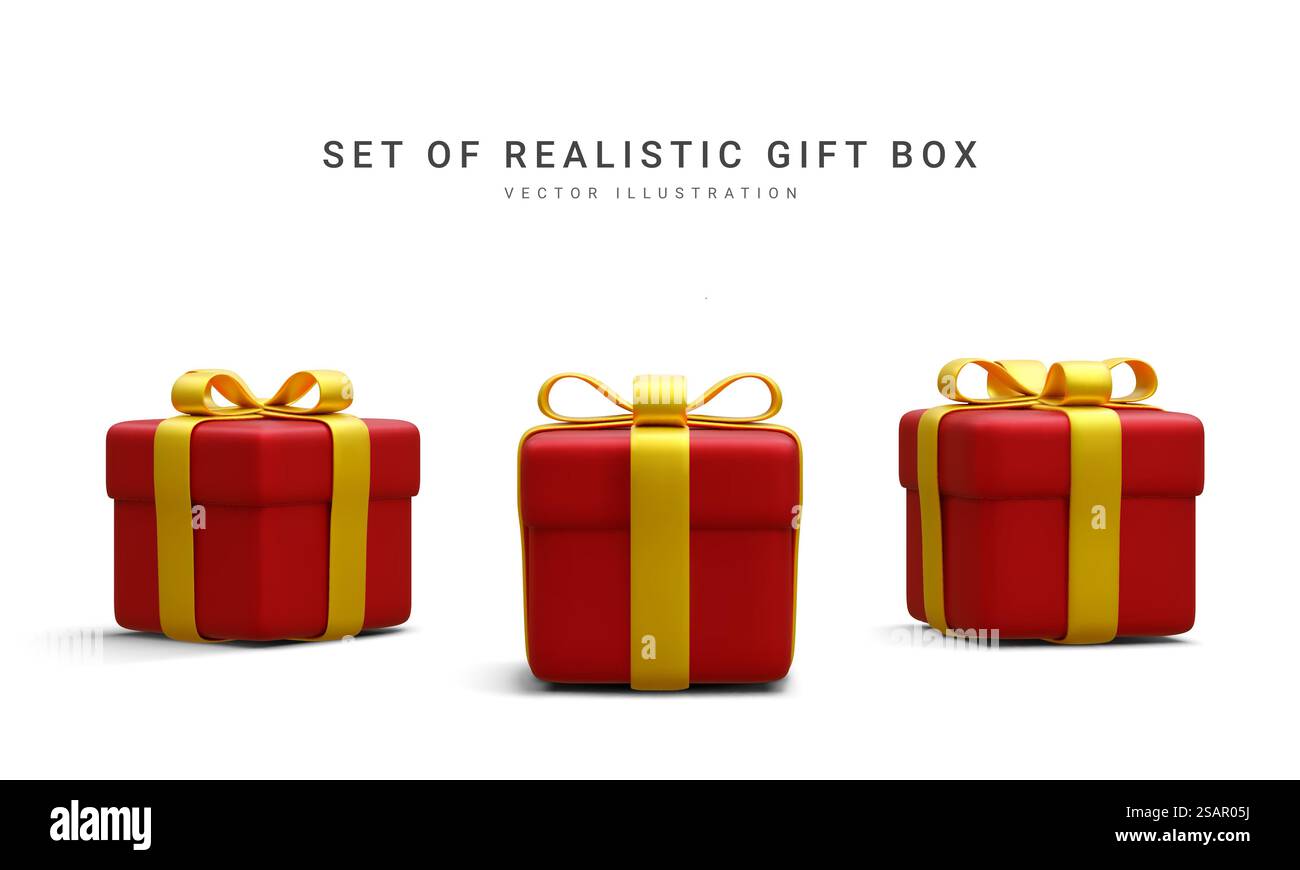 Set of 3d realistic red gift boxes with gold ribbon isolated on white ...